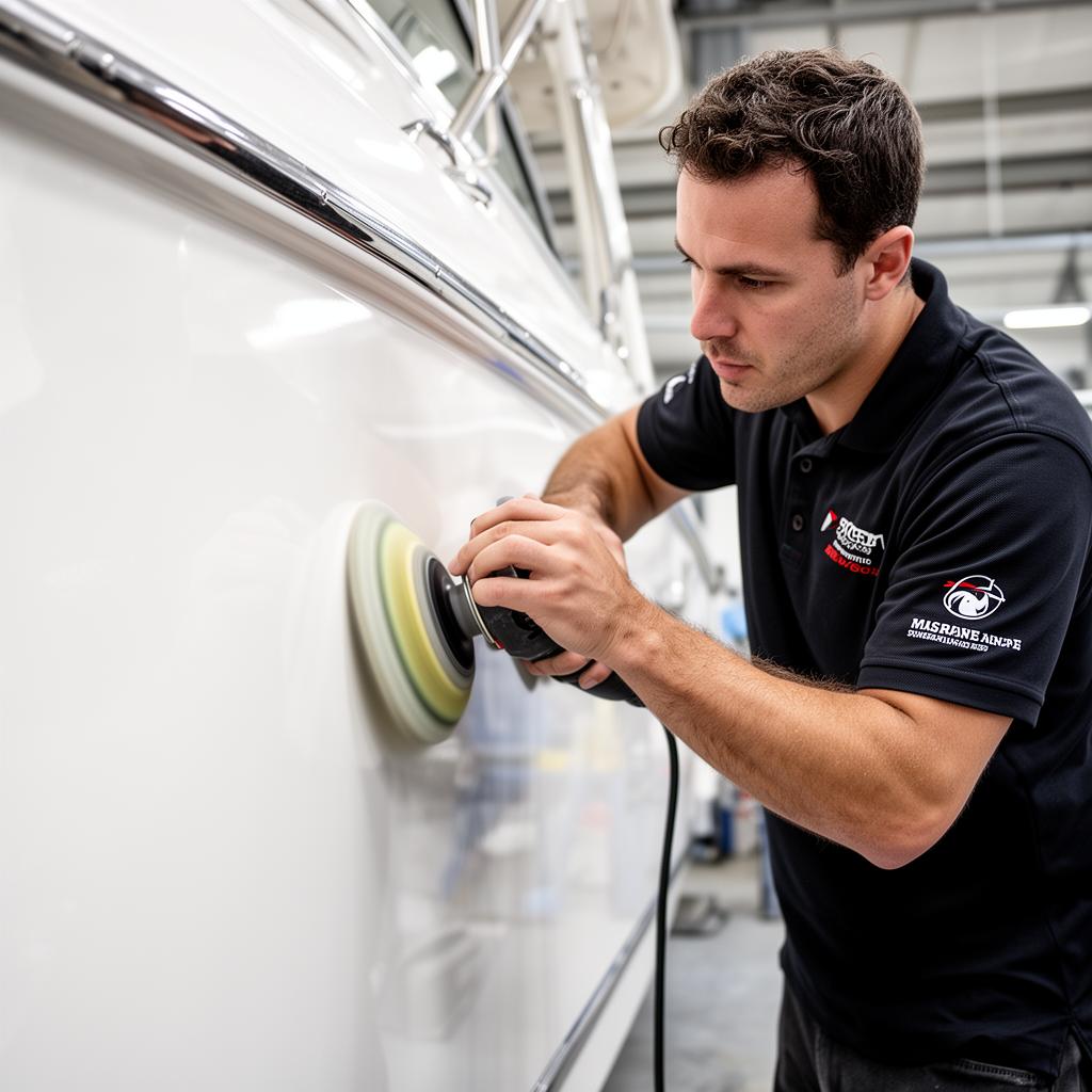 Ship Shape Marine technician polishing a yacht hull in the workshop