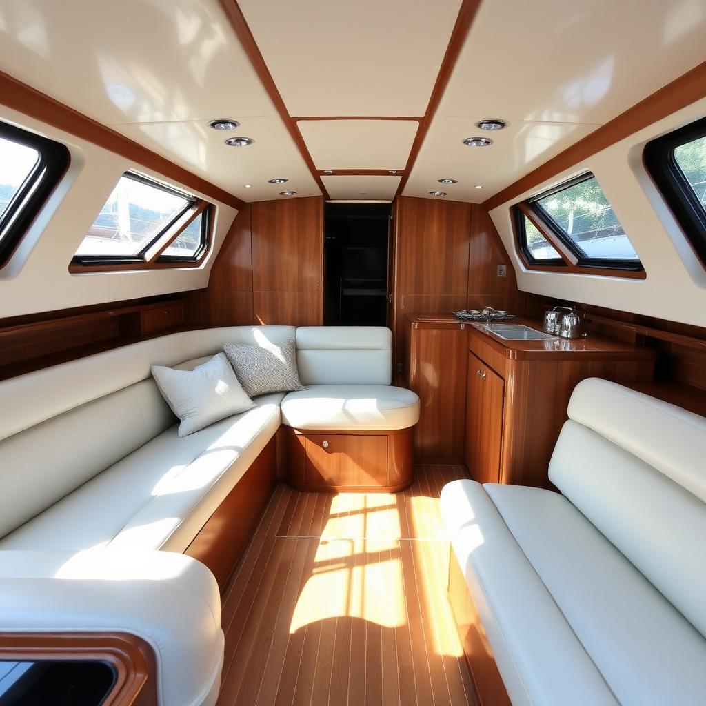 Immaculate yacht cabin interior with conditioned vinyl and polished teak