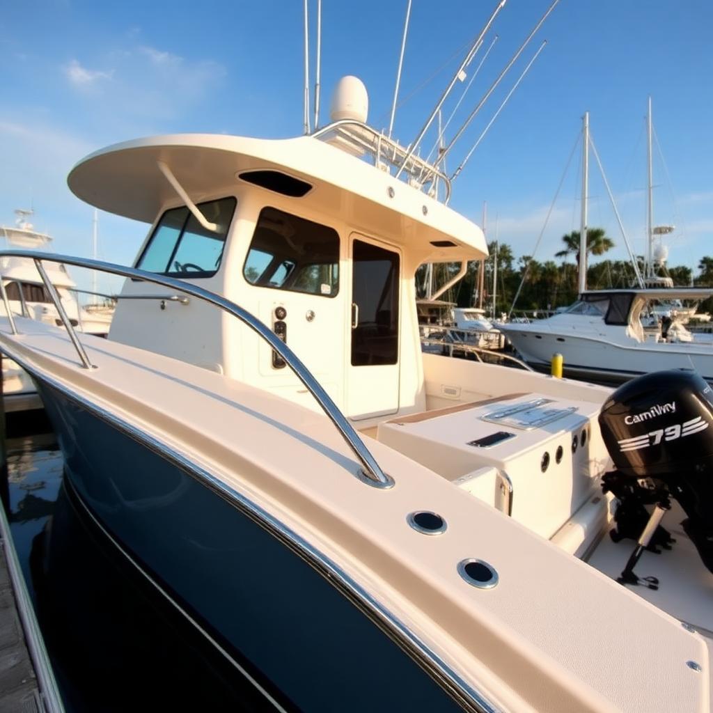 Detailed sport-fishing boat docked at a South Carolina marina